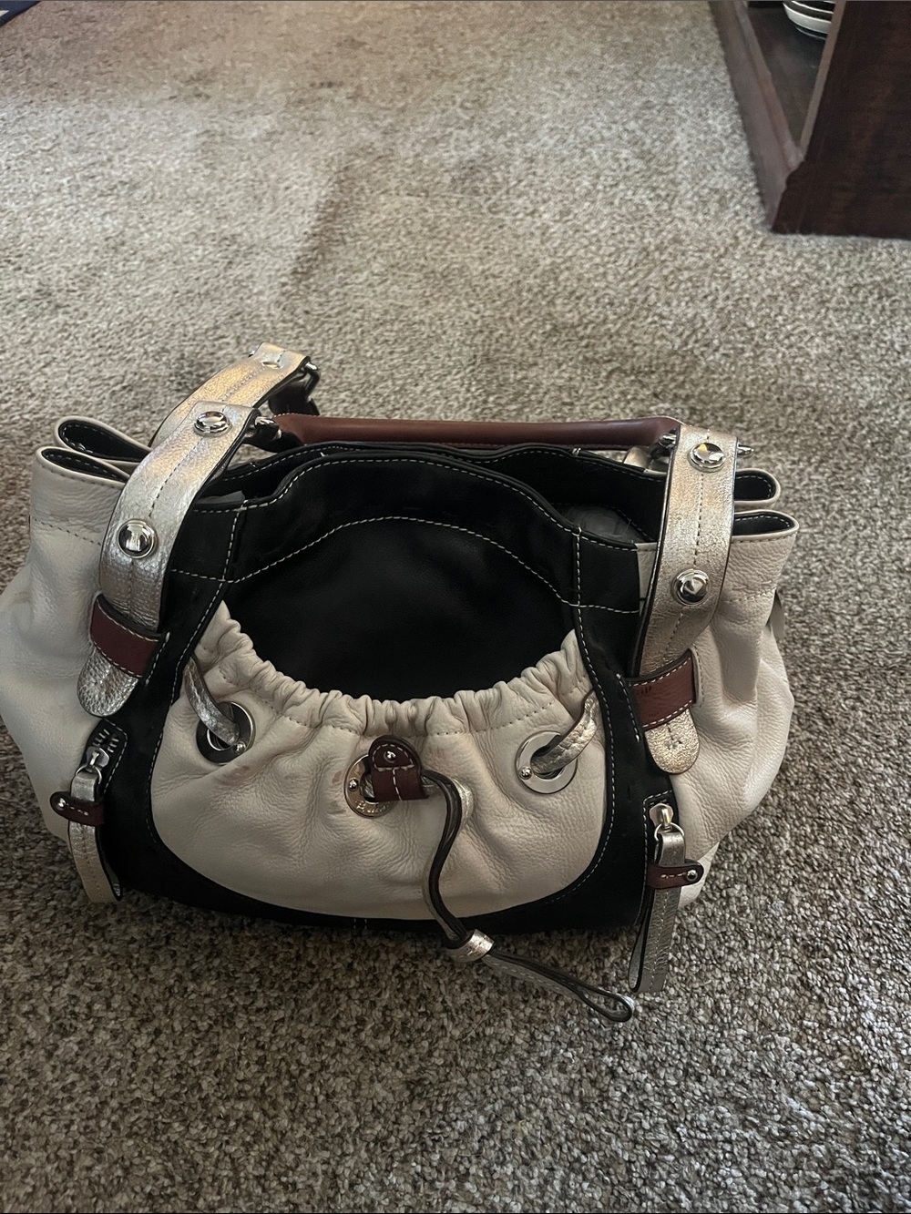 b. makowsky Two-Tone Leather Shoulder Bag in White, Black and Brown